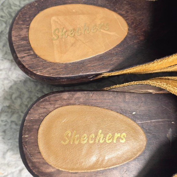 VTG Skechers Y2K Clogs Tan Suede Studded Wood Sole Chunky Platform Mules Women 7 - Picture 4 of 6